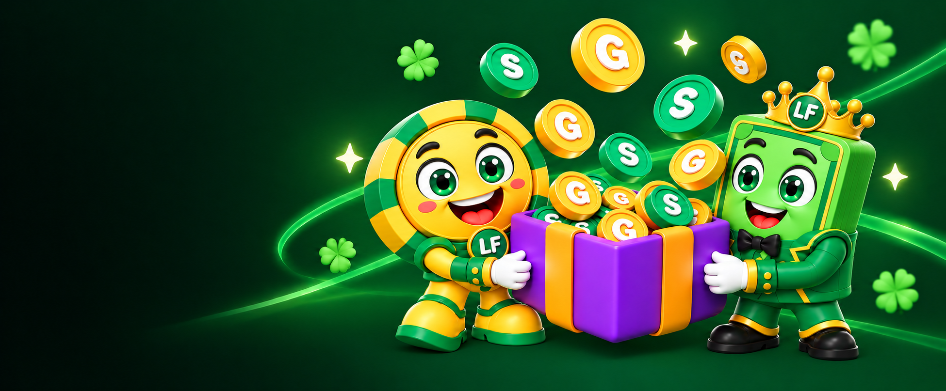 LuckyFizz characters holding a purple gift box with gold and green virtual coins